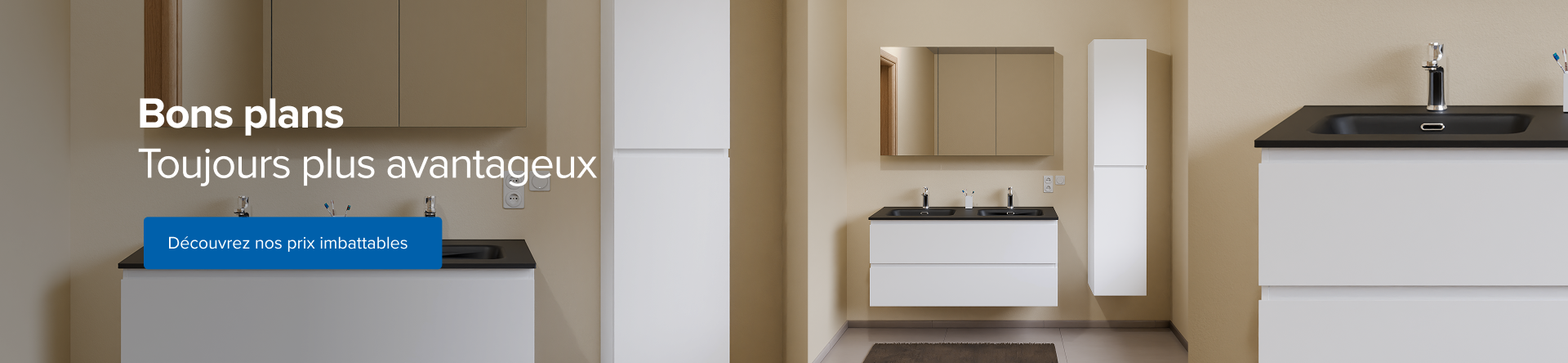 Image large d’une salle de bains x²o salles de bains avec double vasque noire, meubles blancs et miroir sur mur beige. À gauche, texte blanc : “Bons plans – Toujours plus avantageux” avec un bouton bleu : “Découvrez nos prix imbattables”.