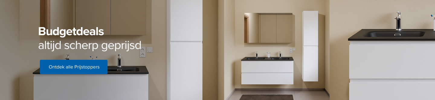 Brede afbeelding van een moderne x²o badkamers opstelling met dubbele wastafel, witte meubels en zwarte waskommen. Links staat witte tekst: “Budgetdeals – altijd scherp geprijsd” met blauwe knop “Ontdek alle prijstoppers”.