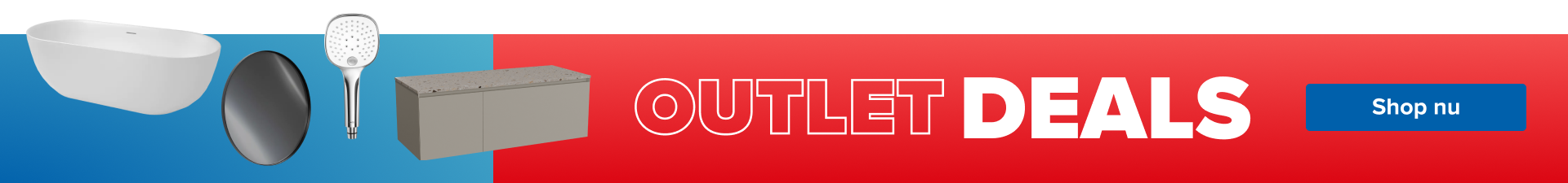 Brede banner met links een witte badkuip, handdouche, ronde spiegel en beige badkamermeubel. In het midden staat in grote letters “OUTLET DEALS” met daarnaast een blauwe knop “Shop nu”. Deze desktopafbeelding promoot kortingen van X²O badkamers.