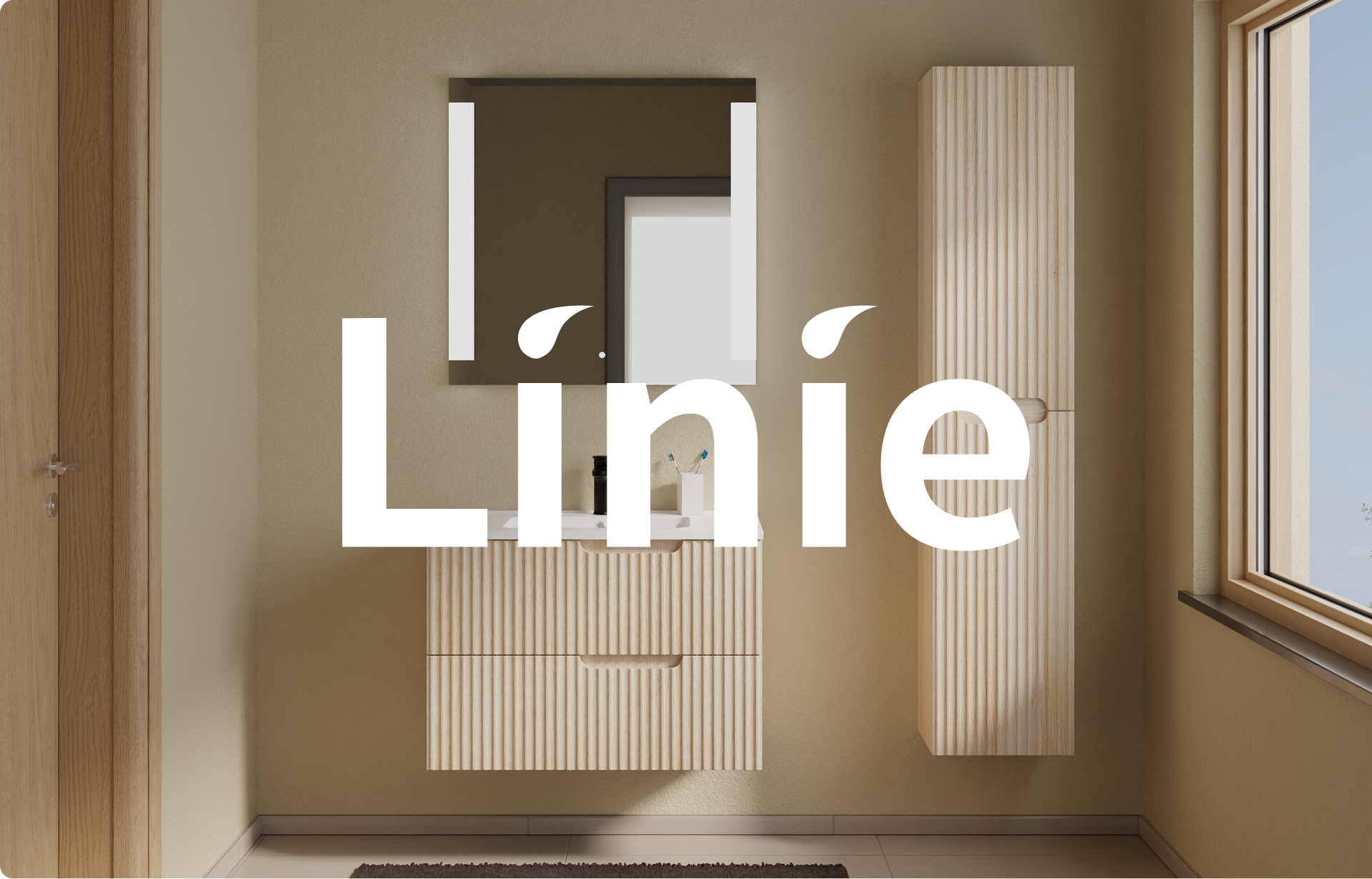 Afbeelding van een lichte badkamer met houten deur links, houten lamellen badkamermeubel met wasbak en bijhorende hoge kast rechts. In het midden is het woord “Liné” in grote witte letters geplaatst. Deze sfeerfoto maakt deel uit van een promotie van X²O badkamers.