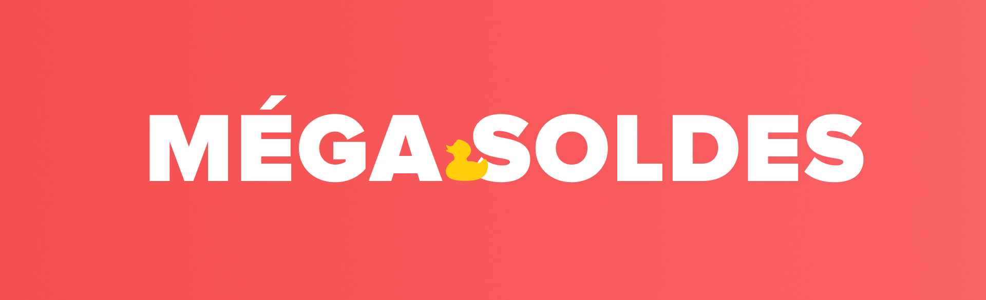 Logo "MEGA SOLDES" en lettres majuscules avec un canard jaune intégré dans la lettre "S", sur fond rouge – visuel promotionnel de X²O Salle de Bains.