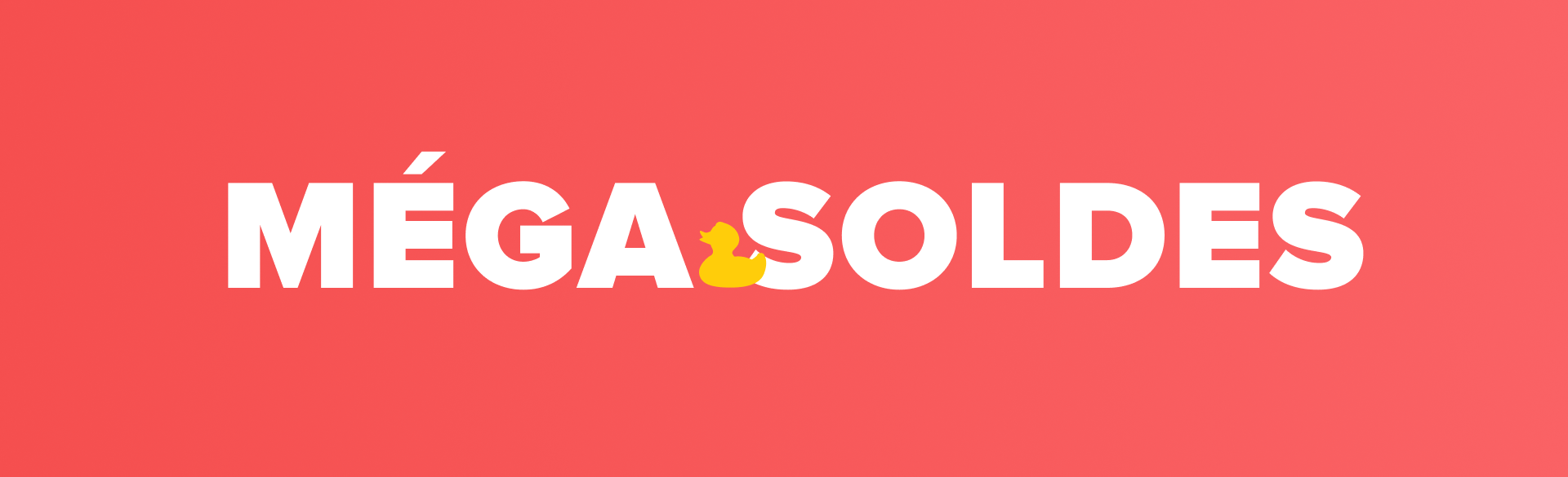 Logo "MEGA SOLDES" en lettres majuscules avec un canard jaune intégré dans la lettre "S", sur fond rouge – visuel promotionnel de X²O Salle de Bains.