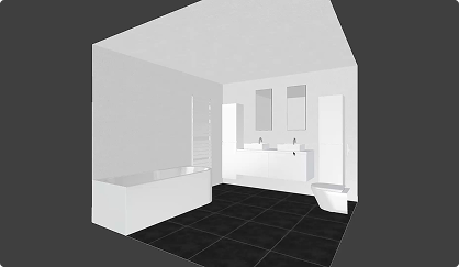 3D-ontwerp van een x²o badkamers lay-out in zwart-wit. Links een bad, rechts een toilet en dubbele wastafel met spiegels. De vloer is zwart betegeld en de meubels zijn modern en minimalistisch van vorm.