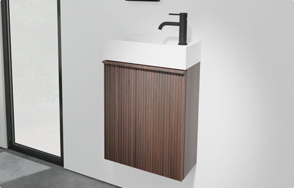 Kompaktes WC-Möbel von x²o Badezimmer mit weißem Waschbecken und Holzunterschrank mit vertikalen Linien neben einer Dusche.