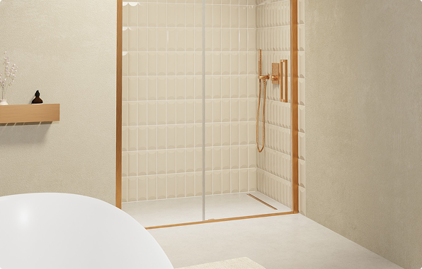 Begehbare Dusche von x²o Badezimmer mit Glaswand und hellen beigen Fliesen.