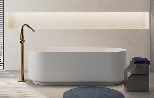 Freistehende Badewanne von x²o Badezimmer in Weiß mit runden Formen in einem hellen Raum mit Holz und weichem Licht.