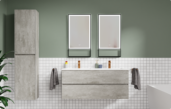 Modernes Badezimmer von x²o Badezimmer mit Waschtisch in Betonoptik, grüner Wand und Spiegelschränken.