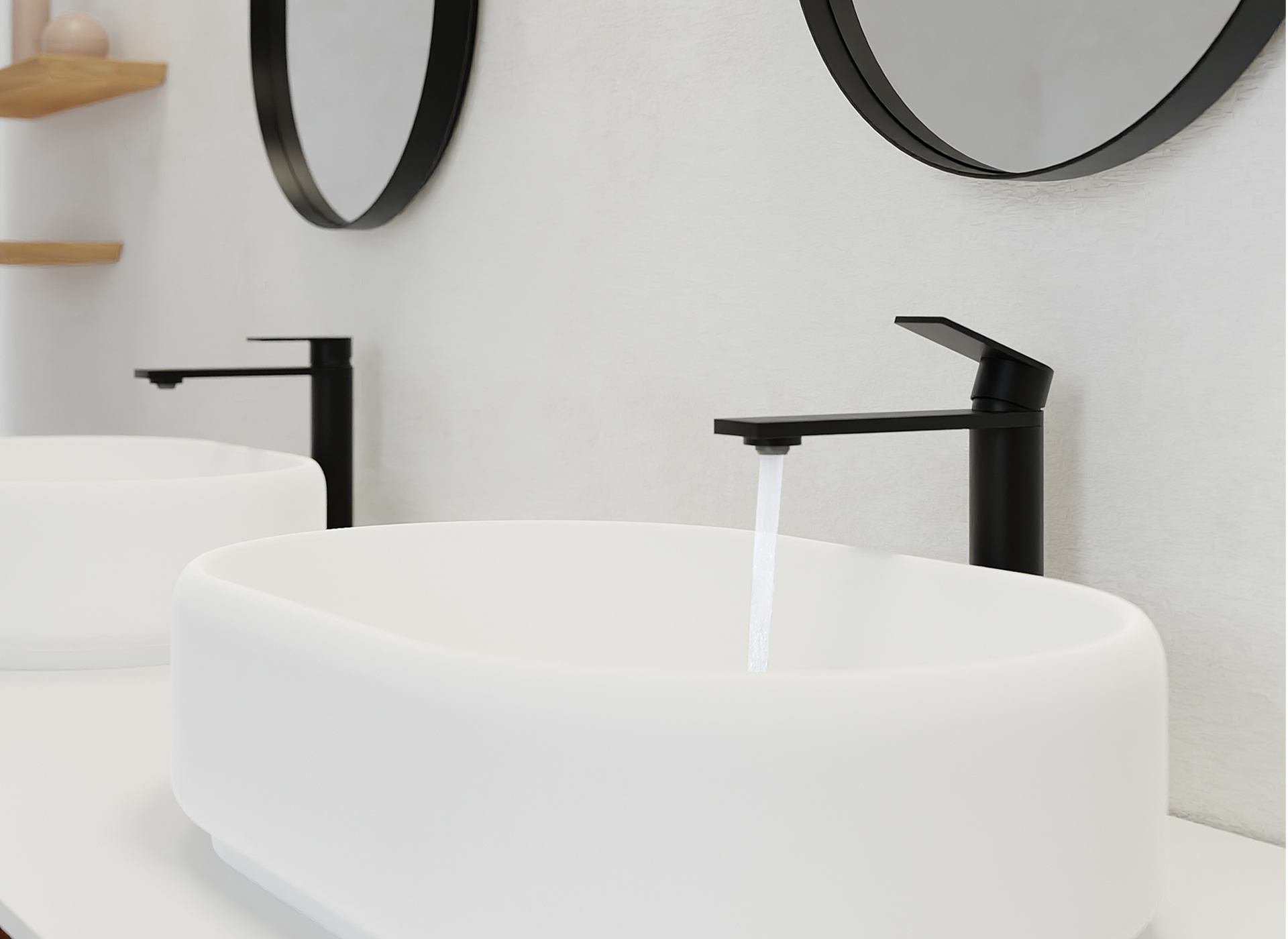 Robinet noir mat avec vasques ovales blanches et miroirs ronds – design de salle de bain moderne par X²O Salles de bains.