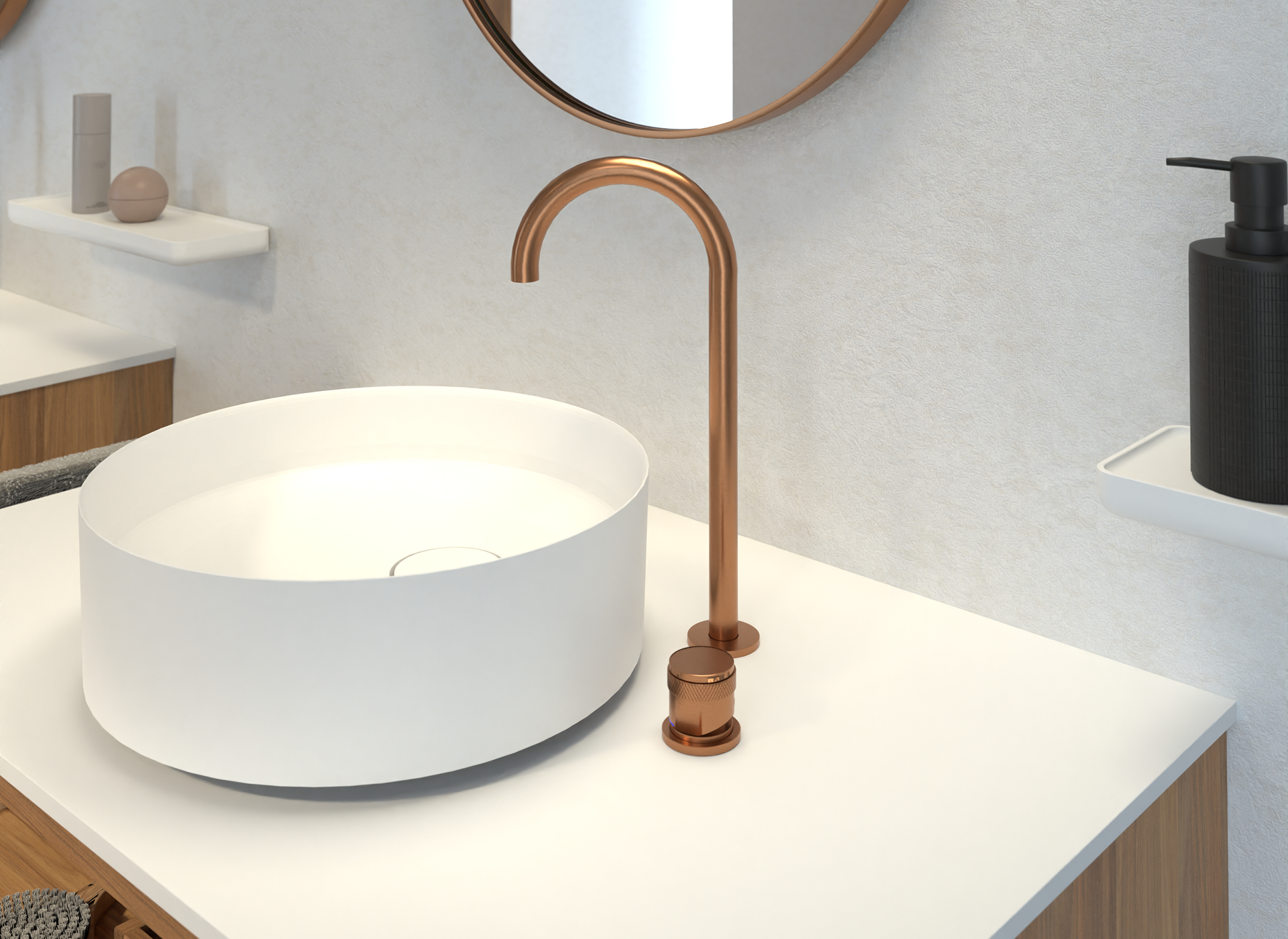 Vasque avec robinet cuivré et miroir rond, exclusivement chez X²O Salles de Bains
