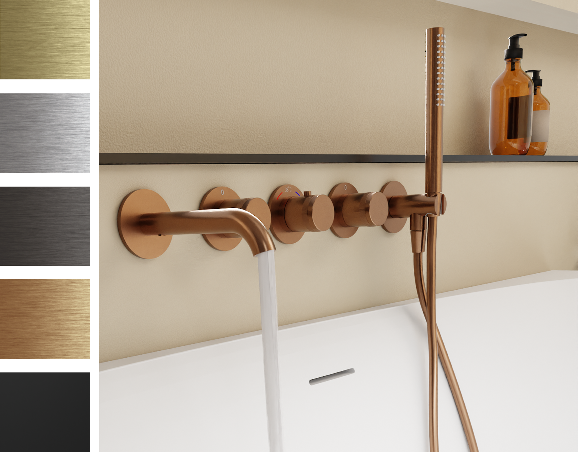 Salle de bains élégante avec robinet de bain mural Blaufoss en cuivre et douchette à main, entourée de tons terreux chaleureux. Différentes finitions visibles à gauche de l’image. Disponible exclusivement chez X²O Salle de bains.