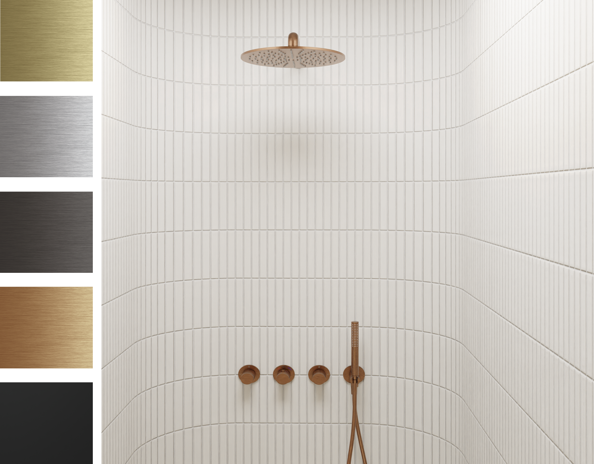 Mur de douche avec carrelage blanc et douche de tête cuivrée, disponible chez X²O Salles de Bains