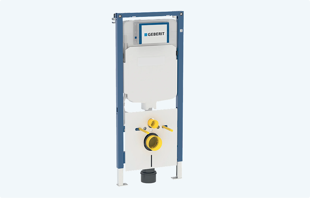 Geberit Unterputz-Spülkasten von x²o Badezimmer mit Metallrahmen und integrierter Spültechnik für Hänge-WCs.
