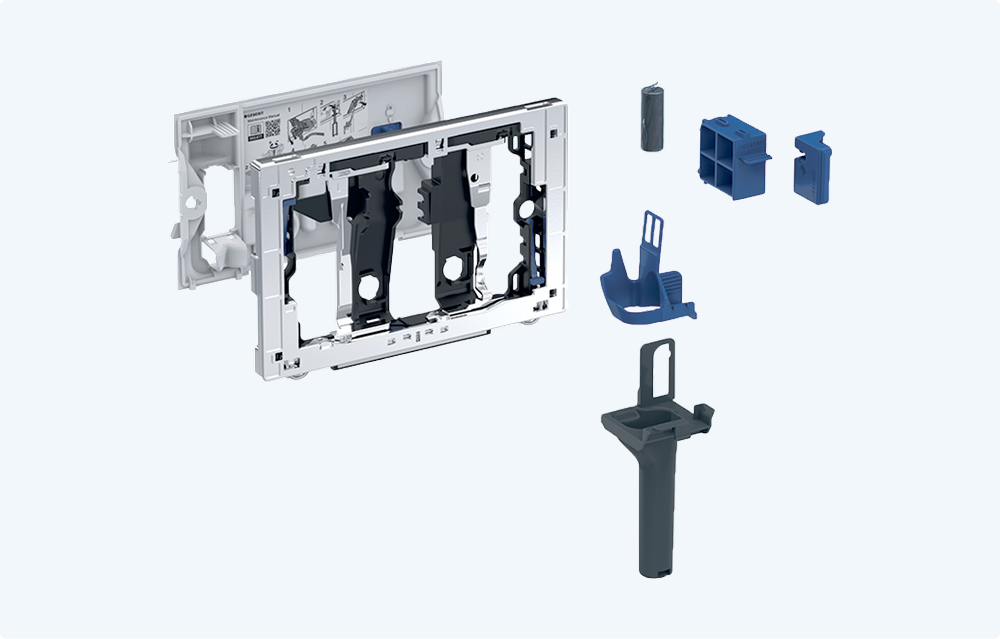 Technische Geberit Sanitärkomponenten von x²o Badezimmer mit Montagerahmen und Befestigungsmaterial.