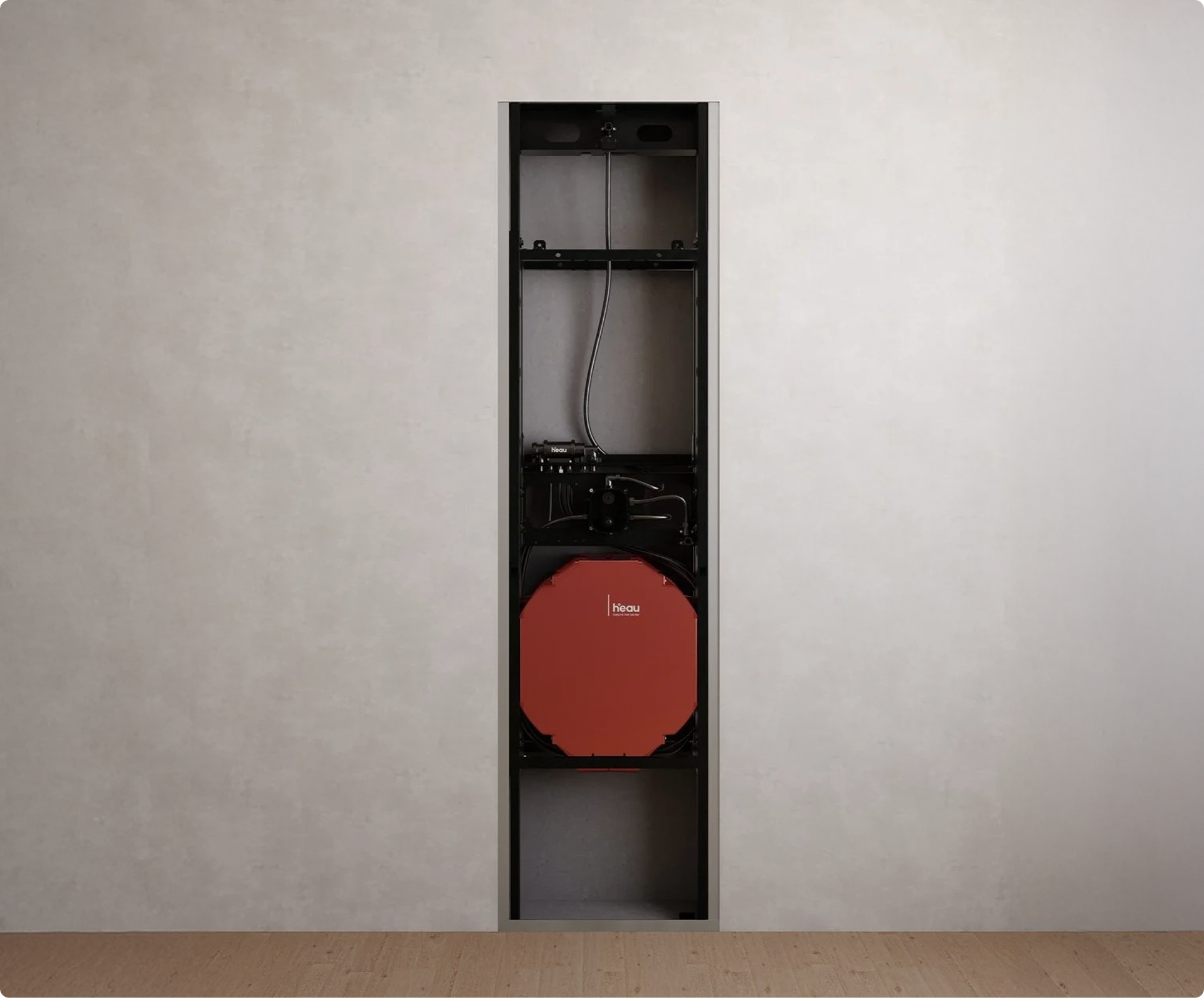 Inbouwmodule voor een douche in een kale wand, zonder afwerking, toont de eerste stap in het installatieproces van Heau. Beschikbaar bij X²O badkamers.