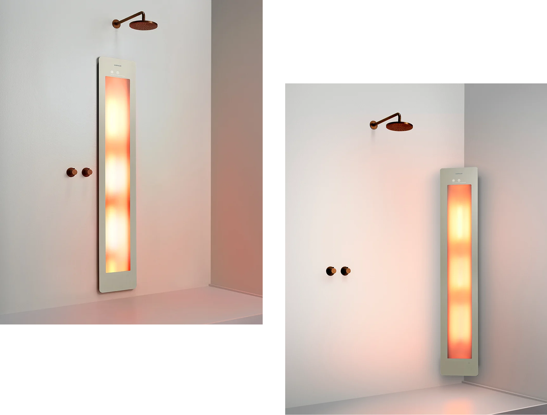 Deux configurations de douche modernes avec des panneaux Sunshower verticaux diffusant une lumière orange chaude. À gauche, le panneau est intégré dans le mur blanc avec une douche pluie en cuivre et deux boutons ronds assortis. À droite, le panneau légèrement en relief présente le même design élégant. Ce système innovant pour la détente, que tu peux trouver chez X²O Salles de bains, allie confort et style.