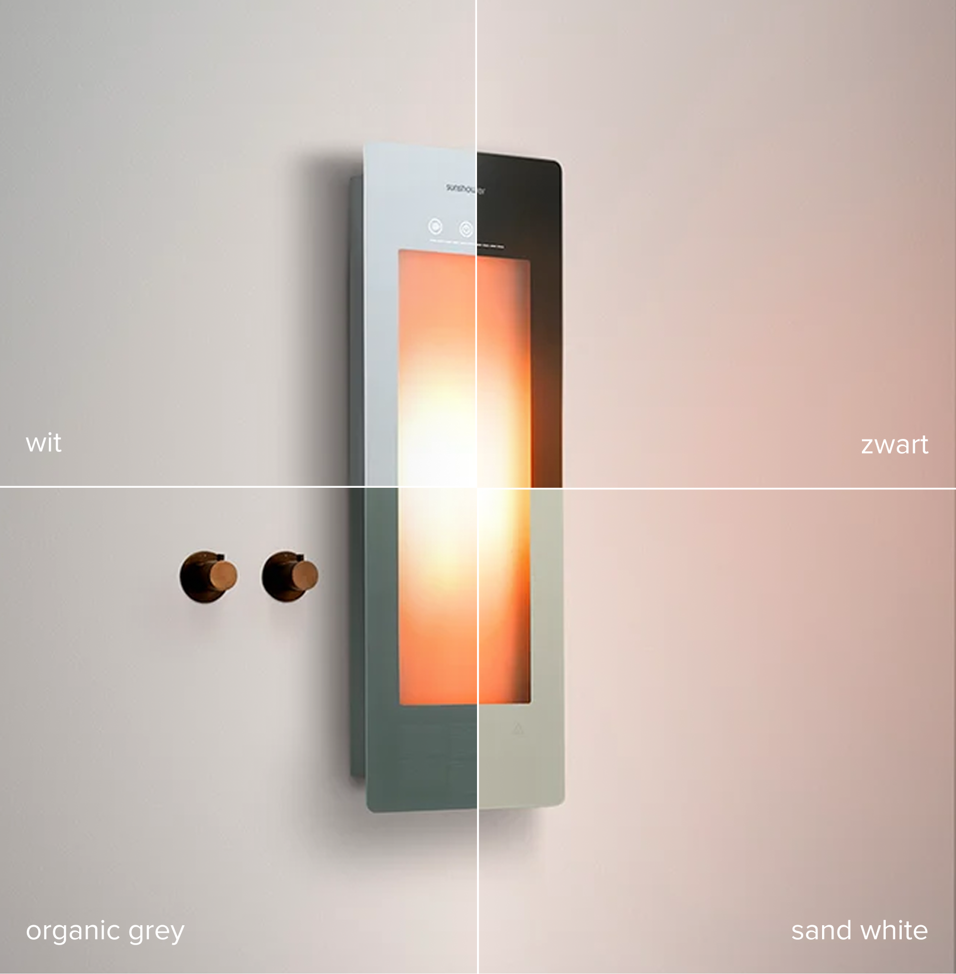 Sunshower-paneel met oranje licht, getoond in vier afwerkingen: wit, zwart, organic grey en sand white. Deze keuze past perfect in elke x²o badkamer.