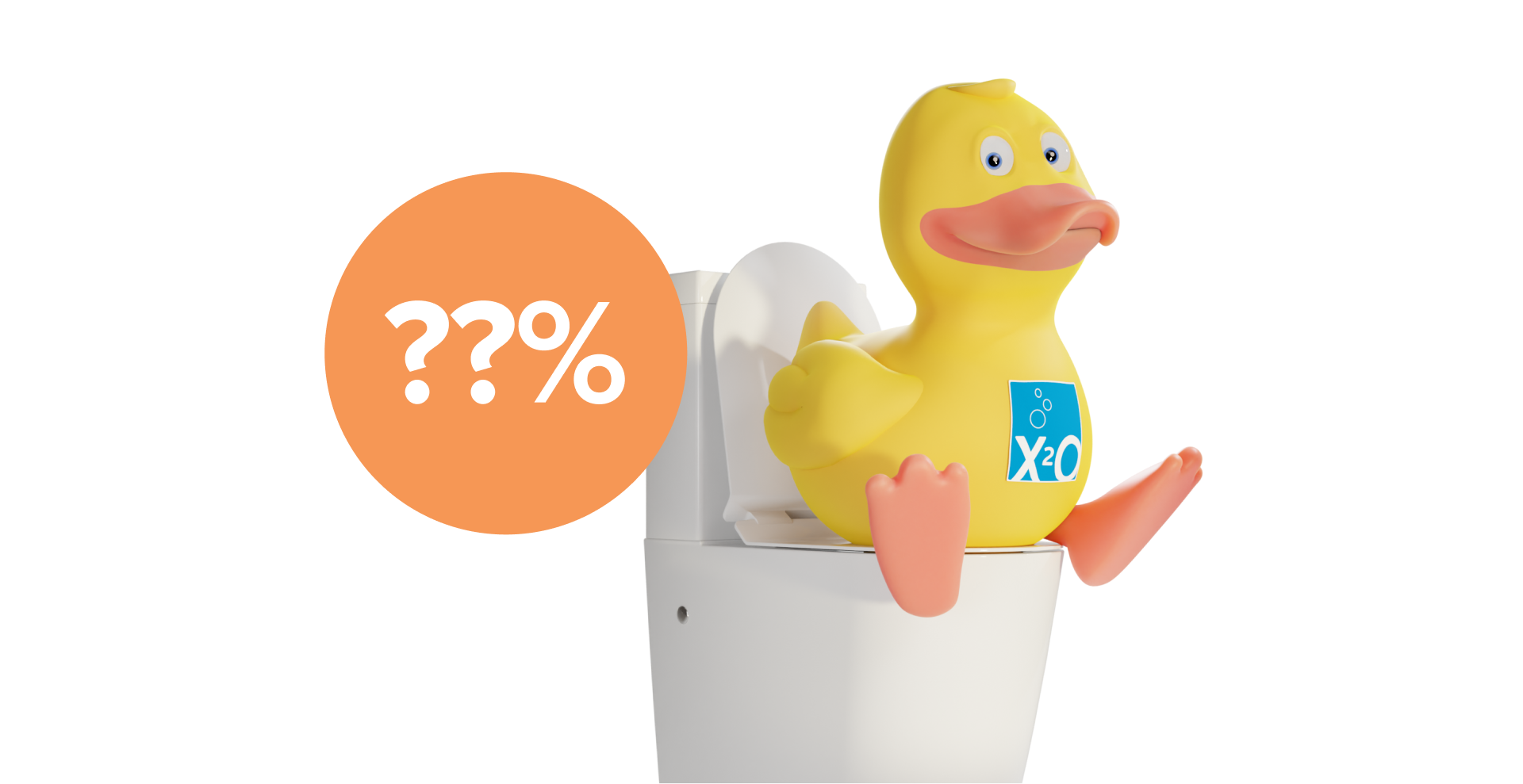Een grote gele eend met x²o badkamers-logo zit speels op een witte wc. Een oranje bol met vraagtekens toont een geheime korting of actie.