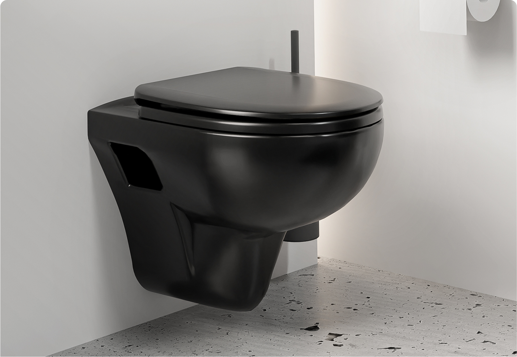 Een mat zwart toilet aan de muur gemonteerd met een zichtbare afvoerstructuur onderaan. Robuuste look van x²o badkamers.