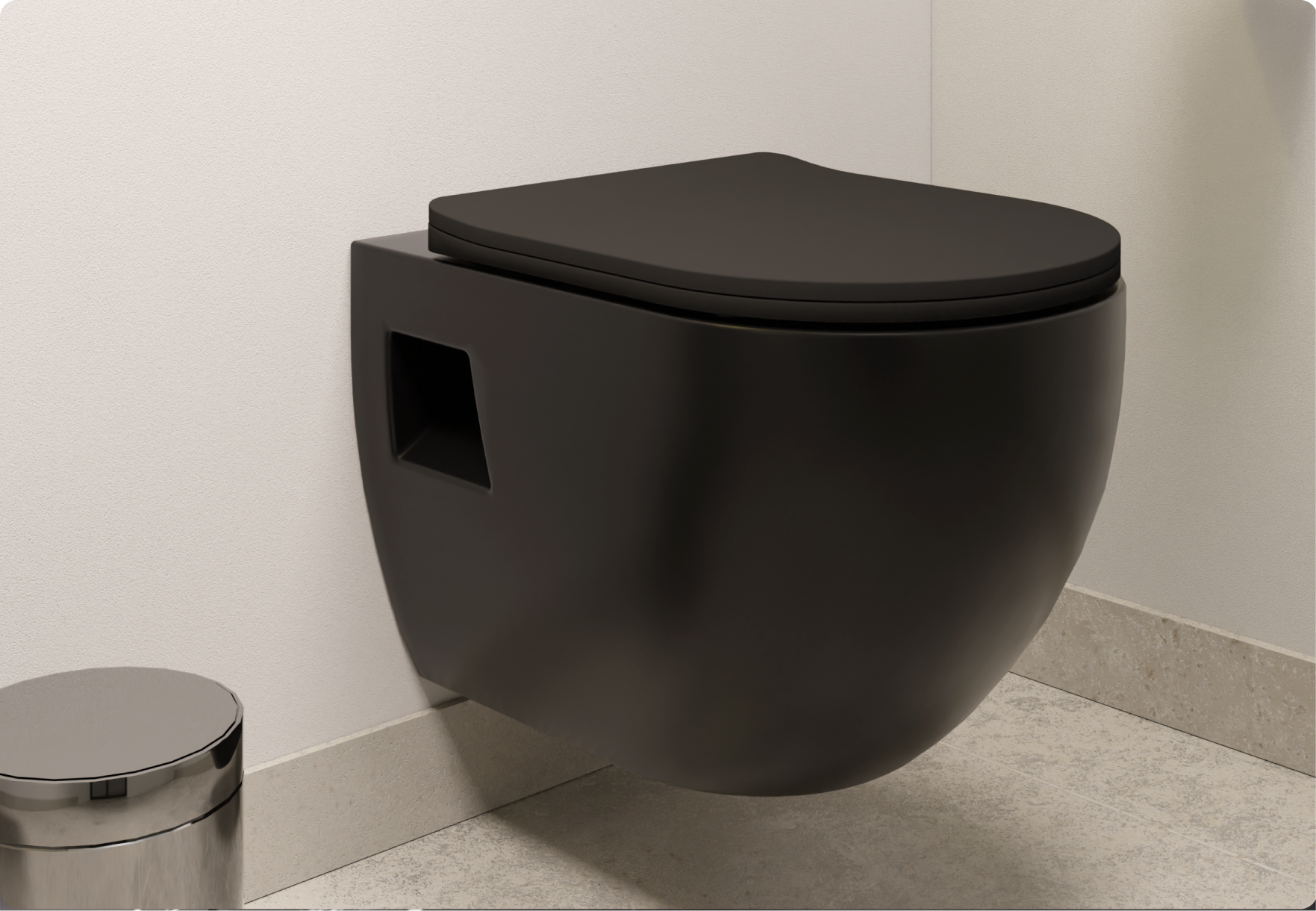 Een mat zwart hangtoilet met afgeronde vormen naast een glanzende afvalemmer. Een strakke stijl van x²o badkamers.