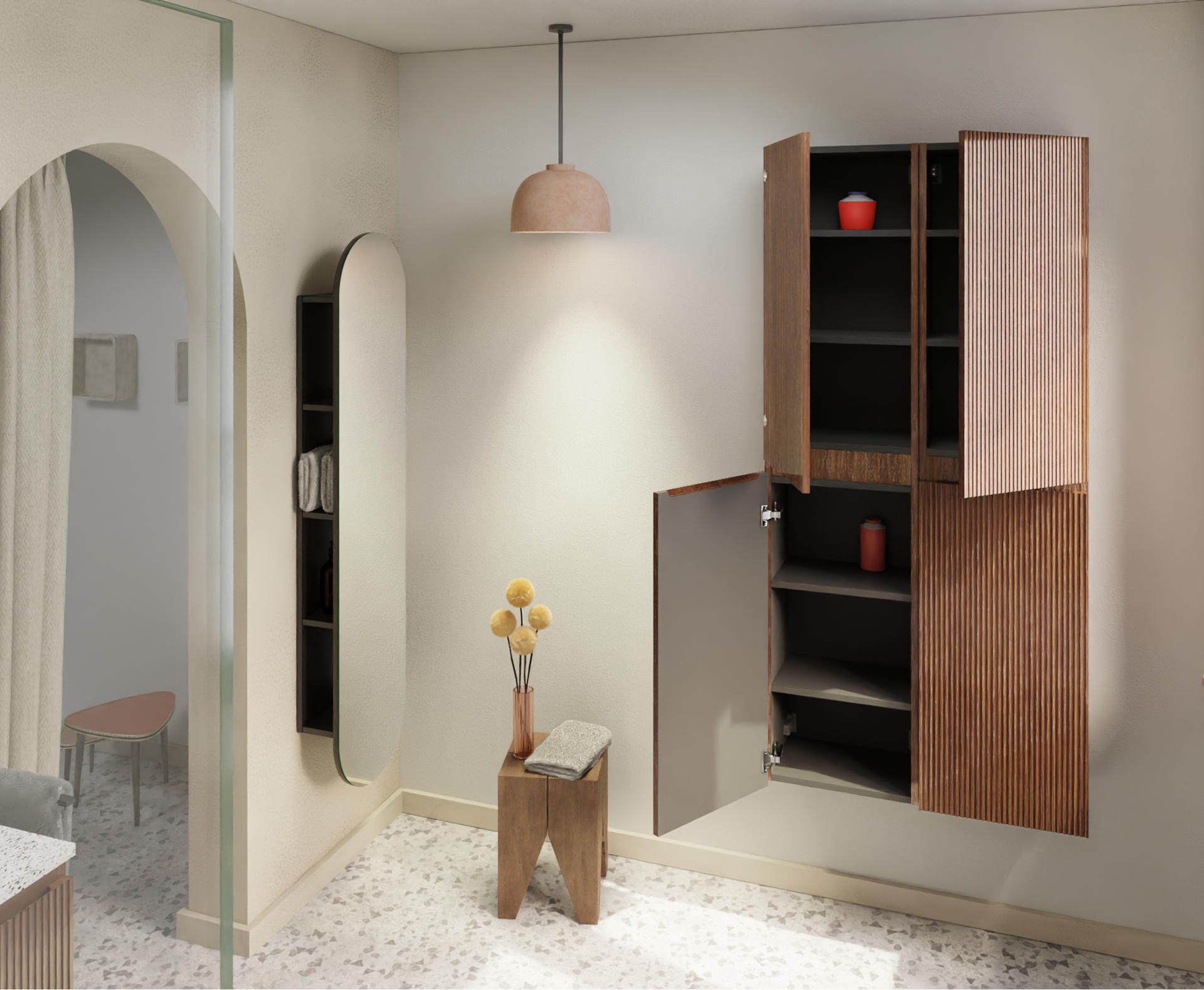 Armoire de salle de bains moderne de x²o salles de bains avec colonne haute en bois, étagères ouvertes et porte fermée, dans une pièce lumineuse avec passage arrondi.