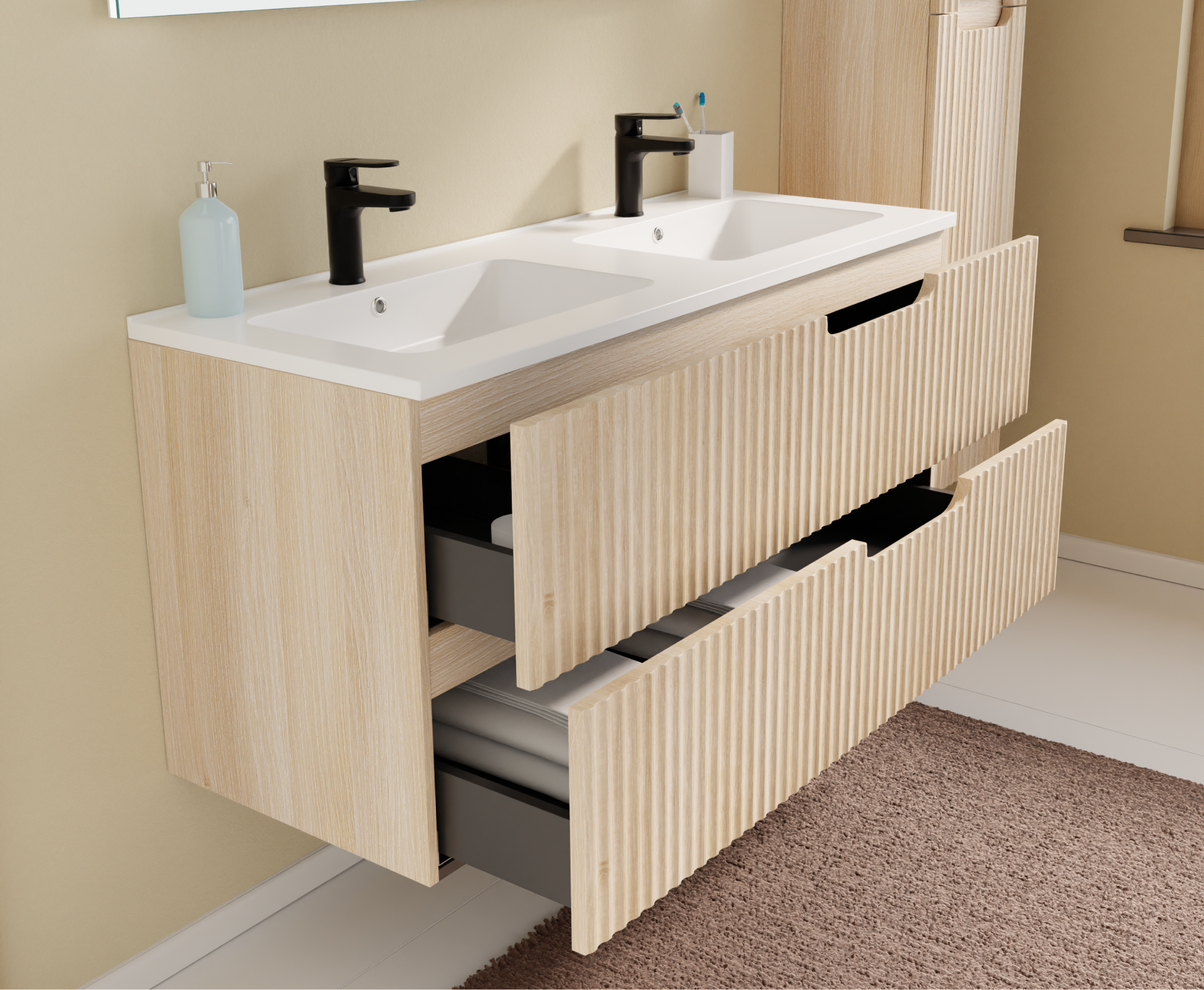 Meuble de salle de bains de x²o salles de bains avec double vasque, finition bois clair et tiroirs ouverts montrant le rangement.