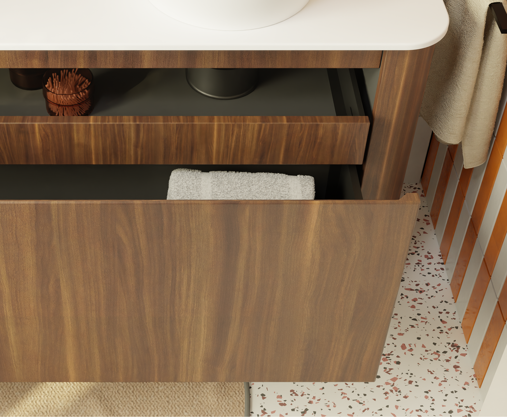 Détail d’un meuble de salle de bains en bois de x²o salles de bains avec tiroir partiellement ouvert et intérieur foncé.