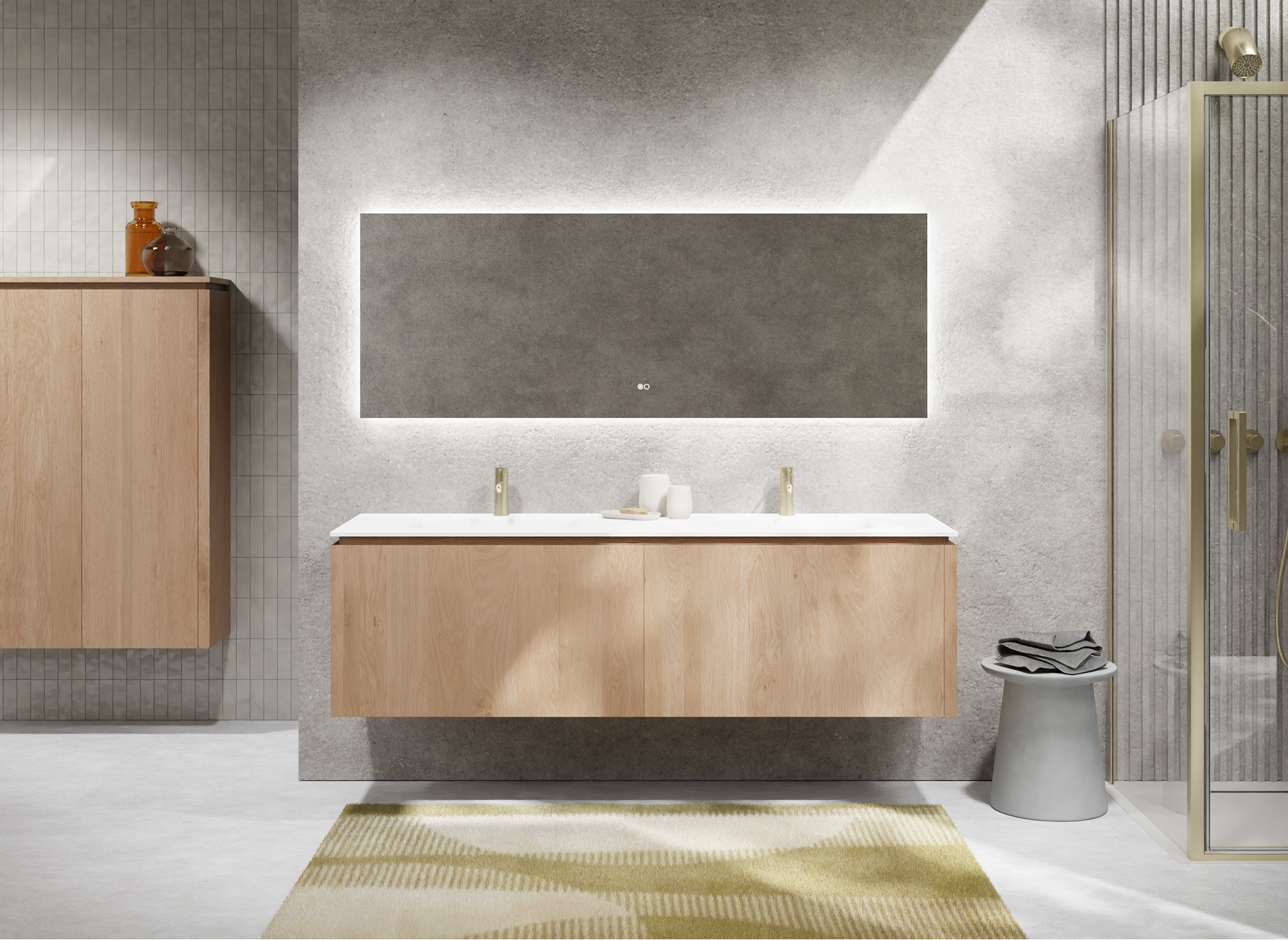 Salle de bains moderne de x²o salles de bains avec meuble en bois, double vasque blanche, grand miroir mural et douche à l’italienne avec paroi en verre sur carrelage clair.