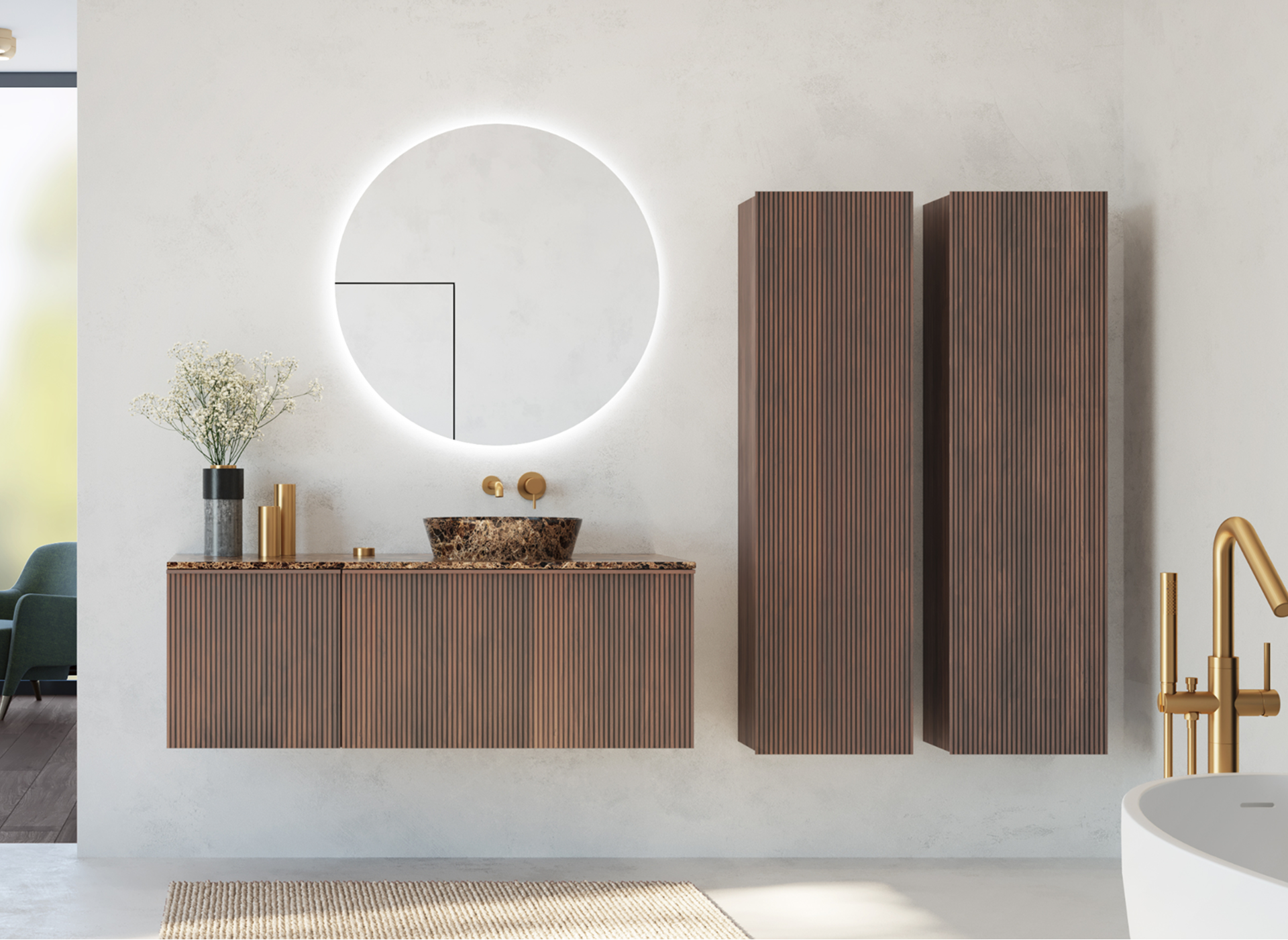 Salle de bains minimaliste de x²o salles de bains avec meuble suspendu en bois, miroir rond éclairé et colonne haute en bois contre un mur clair.