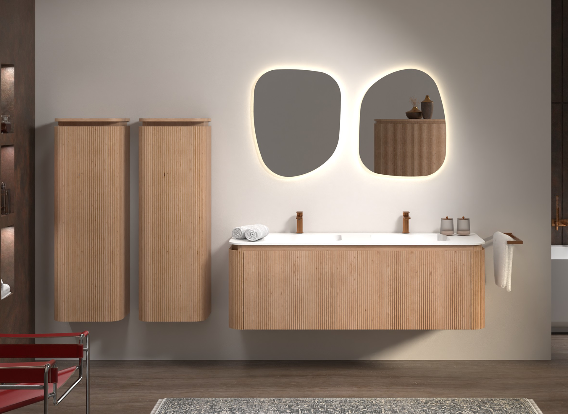 alle de bains élégante de x²o salles de bains avec meuble en bois, miroirs aux formes organiques éclairés et ambiance chaleureuse.