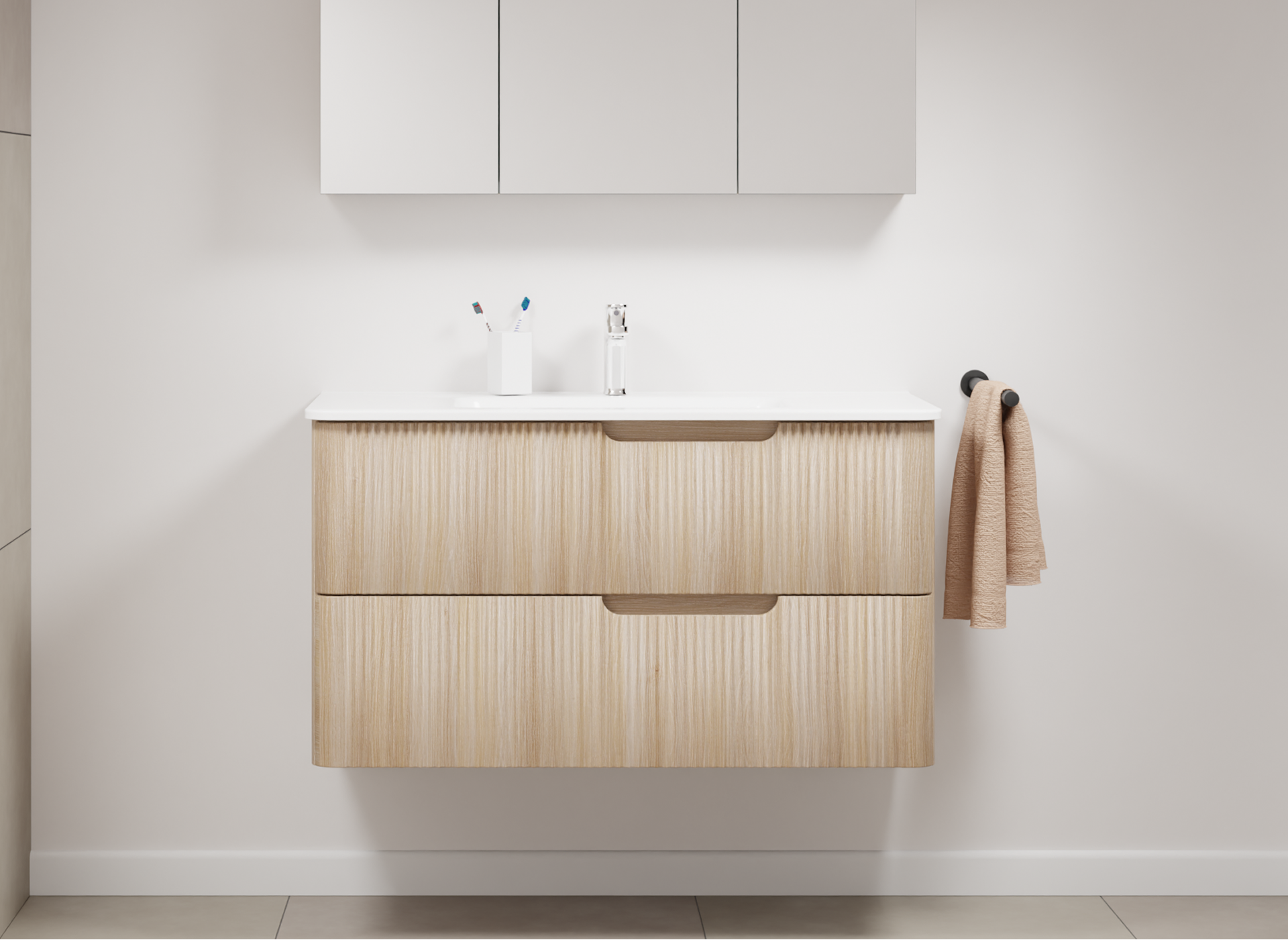 Meuble de salle de bains compact de x²o salles de bains avec façades arrondies en bois, vasque blanche et armoire murale minimaliste.
