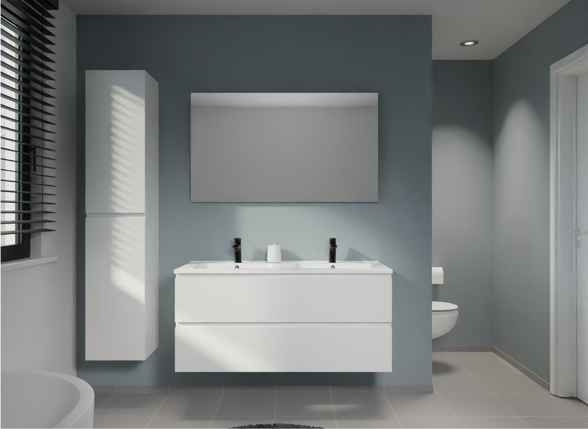 Salle de bains moderne de x²o salles de bains avec meuble blanc épuré, murs foncés et éclairage intégré.