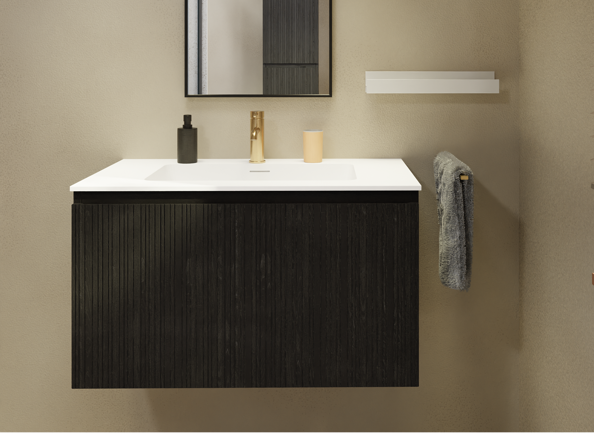 Meuble de salle de bains de x²o salles de bains avec façade nervurée sombre, vasque blanche et accessoires noirs.