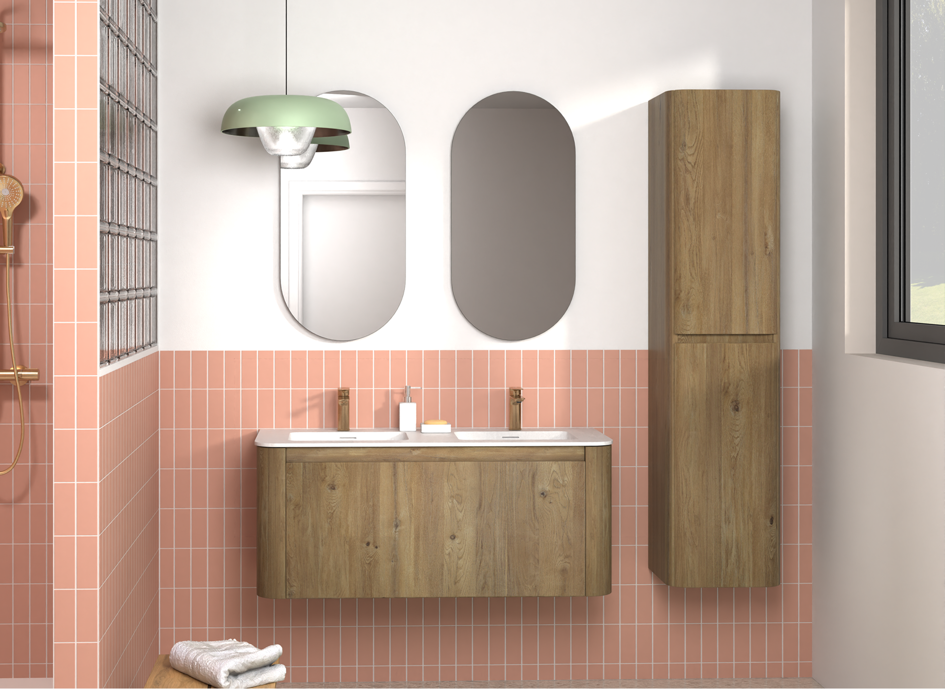 Salle de bains de x²o salles de bains avec meuble en bois, miroir arrondi, carrelage mural rose et accessoires modernes.