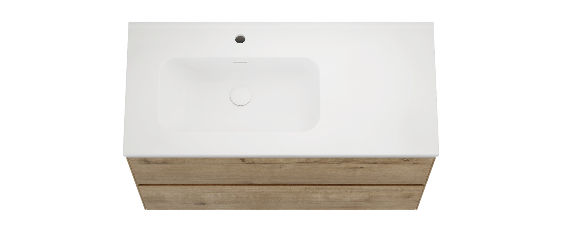 Lavabo asymétrique de x²o salles de bains avec vasque intégrée sur meuble en bois sur fond blanc.