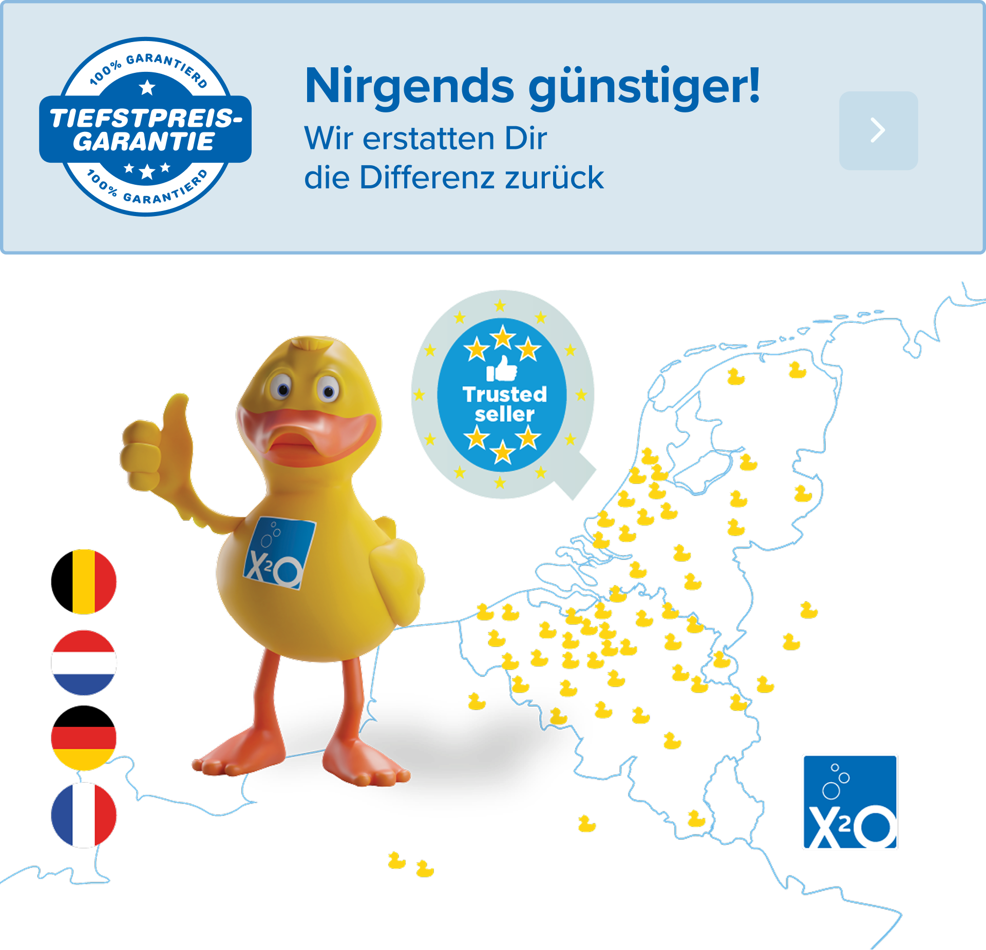Footerbild mit dem LPG-Logo und einer Karte von x²o Badezimmern, auf der die verschiedenen Filialstandorte dargestellt sind, verwendet am unteren Rand der Startseite als visueller Abschluss und zur Wiedererkennung des Filialnetzes.