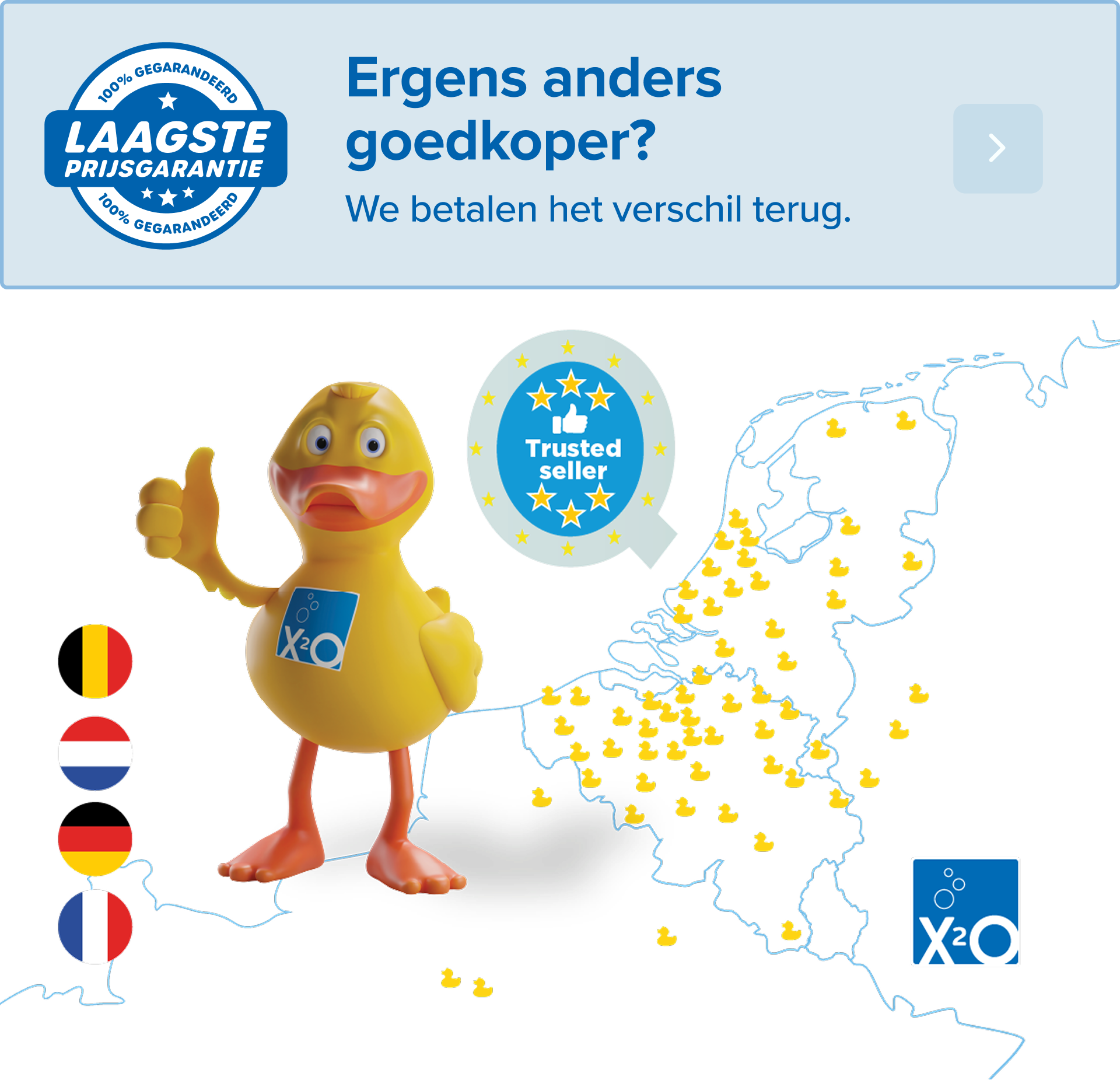 Footerafbeelding met het LPG-logo en een kaartje van x²o badkamers waarop de verschillende winkel­locaties worden weergegeven, gebruikt onderaan de homepage als visuele afsluiter en herkenning van het merk en het winkelnetwerk.