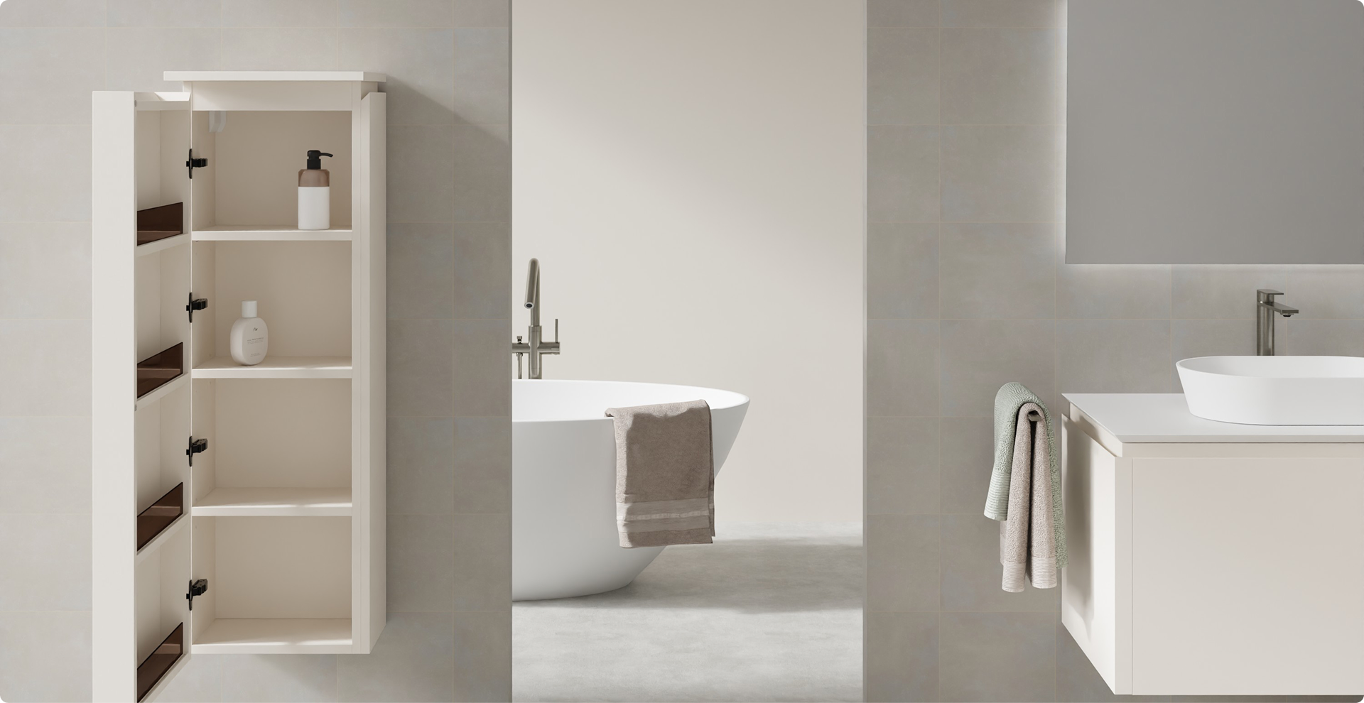 Minimalistisches Badezimmer mit offenem weißen Hängeschrank, freistehender Badewanne mit Handtuch und modernem Waschbeckenunterschrank.