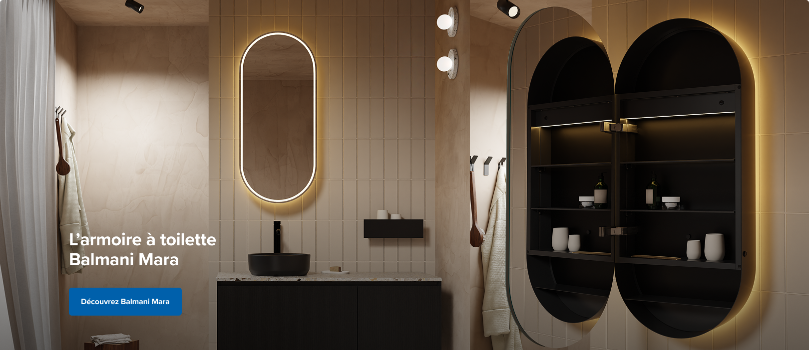 Salle de bains luxueuse avec armoire de toilette Balmani Mara à éclairage LED, meuble-lavabo noir et miroir ovale