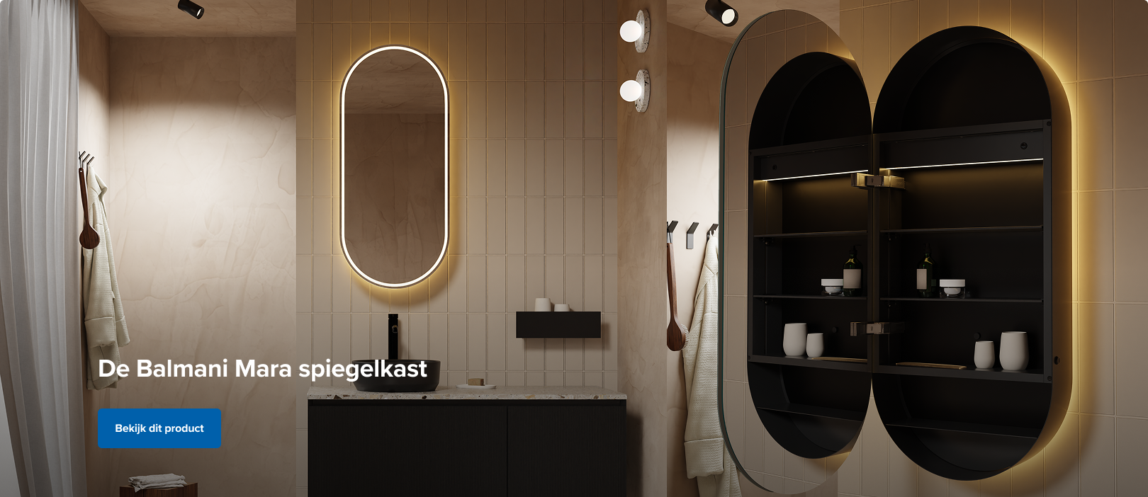 Luxe badkamer met Balmani Mara spiegelkast met ledverlichting, zwarte badkamermeubel en ovale spiegel