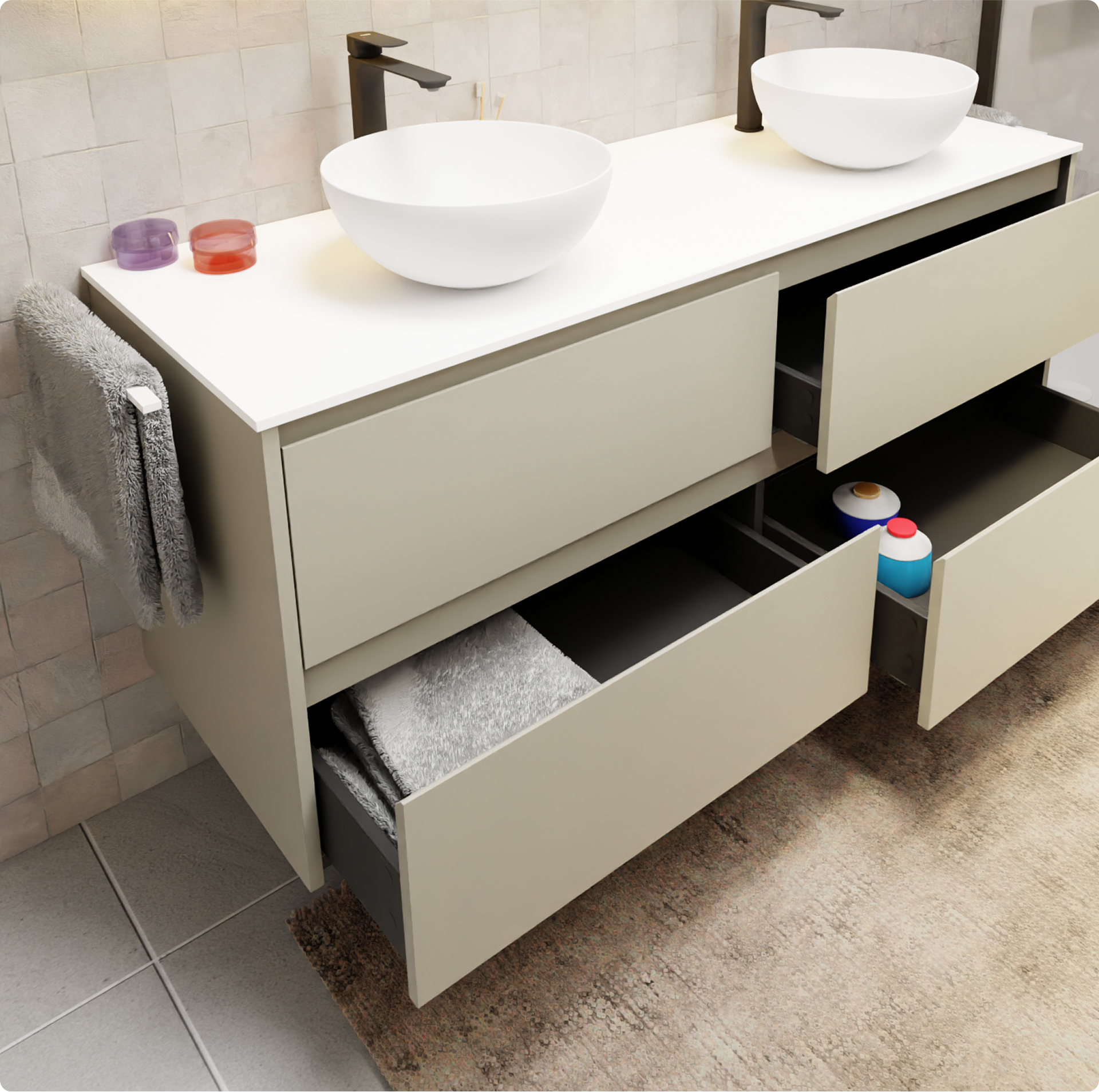 Badezimmermöbel mit Doppelwaschbecken, hellen Schubladen teilweise geöffnet mit Handtüchern und Pflegeprodukten