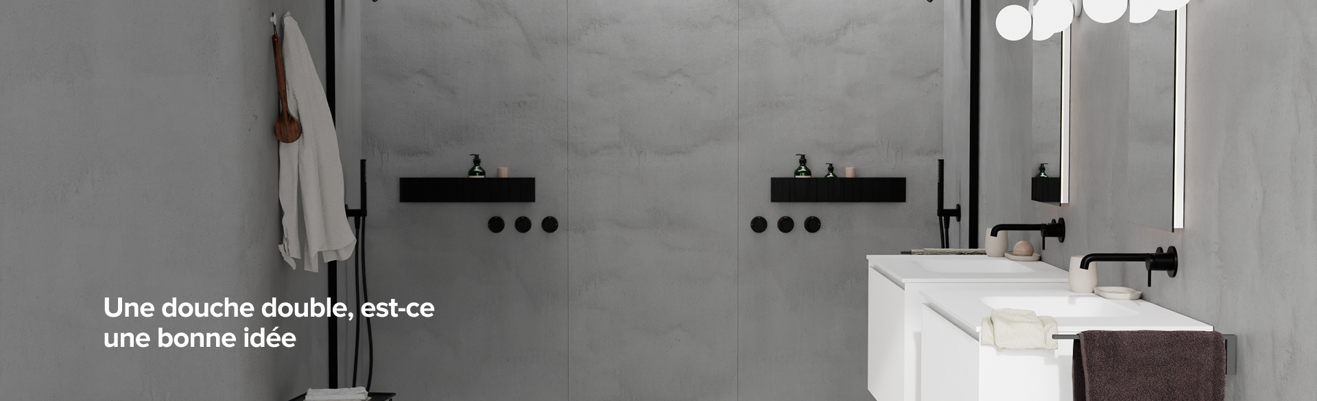 Double douche luxueuse x²o salles de bains avec mur effet marbre gris et texte français sur les avantages d’une double douche.