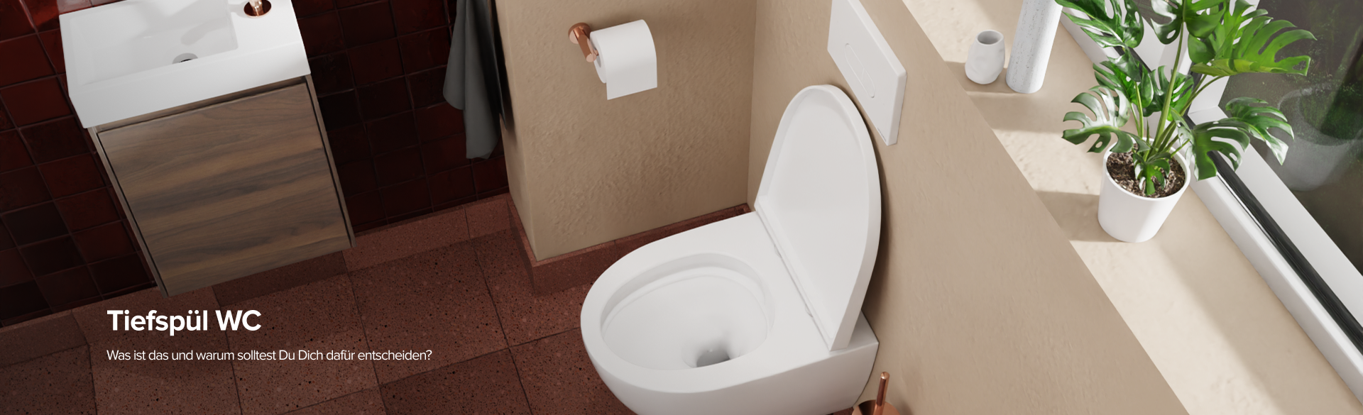 Mattweißes wandhängendes Tiefspül-WC mit geöffnetem Sitz vor einer beigen Wand mit terrakottafarbenen Bodenfliesen, kupferfarbenen Accessoires und Pflanzen auf der Fensterbank, dargestellt als Headerbild für eine Informationsseite über Tiefspül-WCs von x²o Badezimmer.