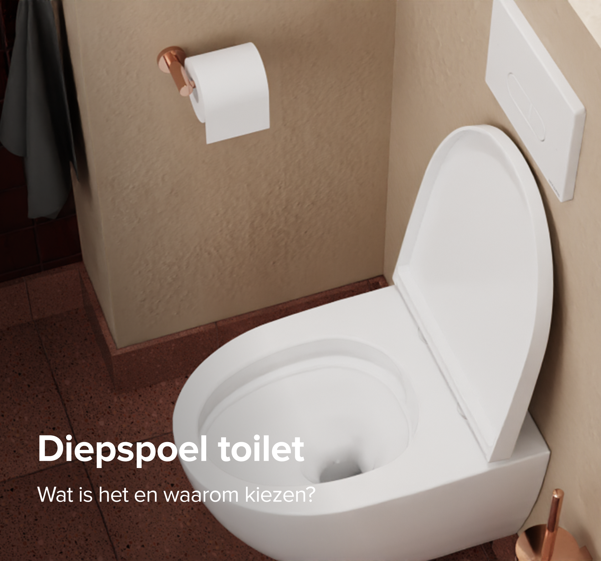 Openstaand mat wit wandhangend diepspoel toilet tegen een beige wand met terracotta vloertegels, koperen accessoires en een plantenvensterbank, afgebeeld als headerbeeld voor een informatieve pagina over diepspoel toiletten van x²o badkamers.