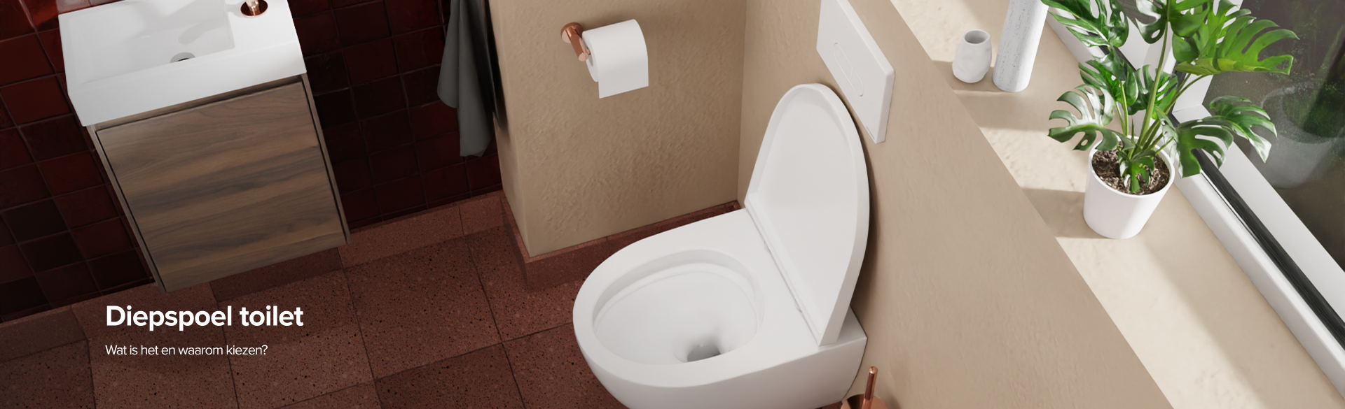 Openstaand mat wit wandhangend diepspoel toilet tegen een beige wand met terracotta vloertegels, koperen accessoires en een plantenvensterbank, afgebeeld als headerbeeld voor een informatieve pagina over diepspoel toiletten van x²o badkamers.