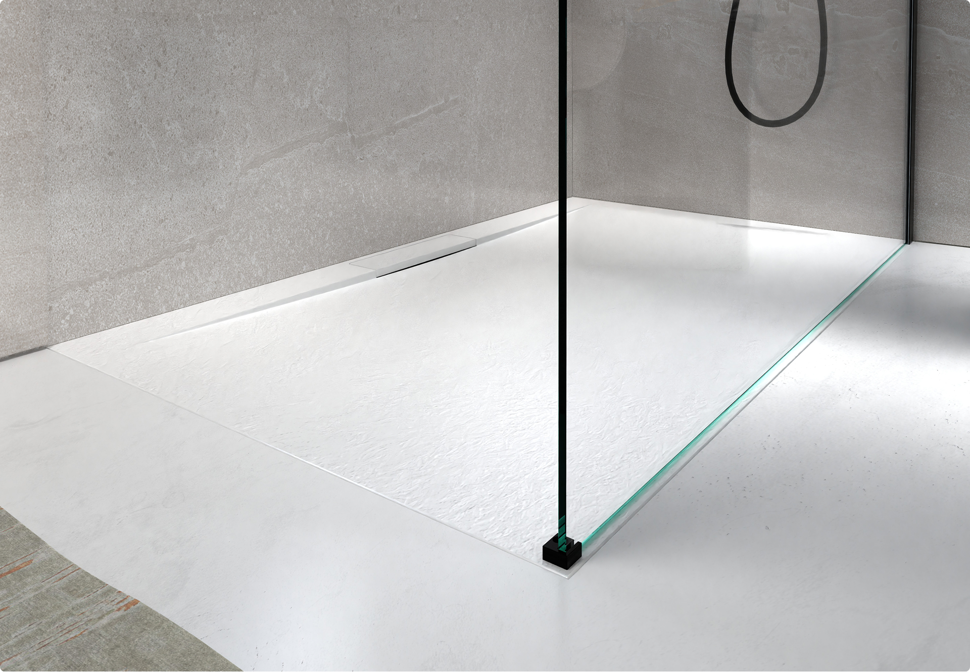 Strakke, moderne douchebak met glazen wand in een inloopdouche – X²O Badkamers