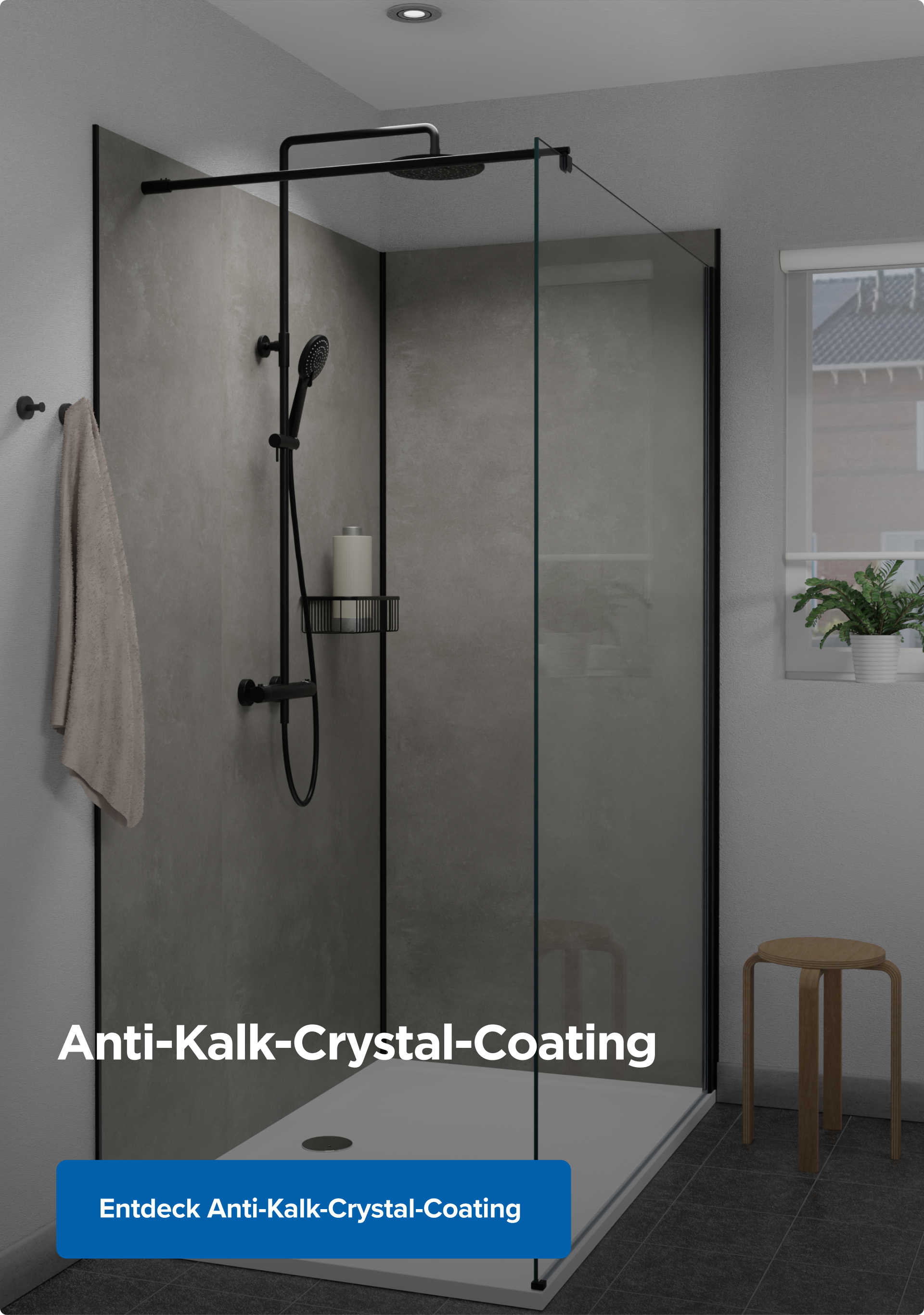 Detailaufnahme einer Duschwand mit schwarzer Regendusche in einem modernen Badezimmer, Fokus auf das Glas mit Anti-Kalk-Crystal-Coating von X²O Badezimmer.