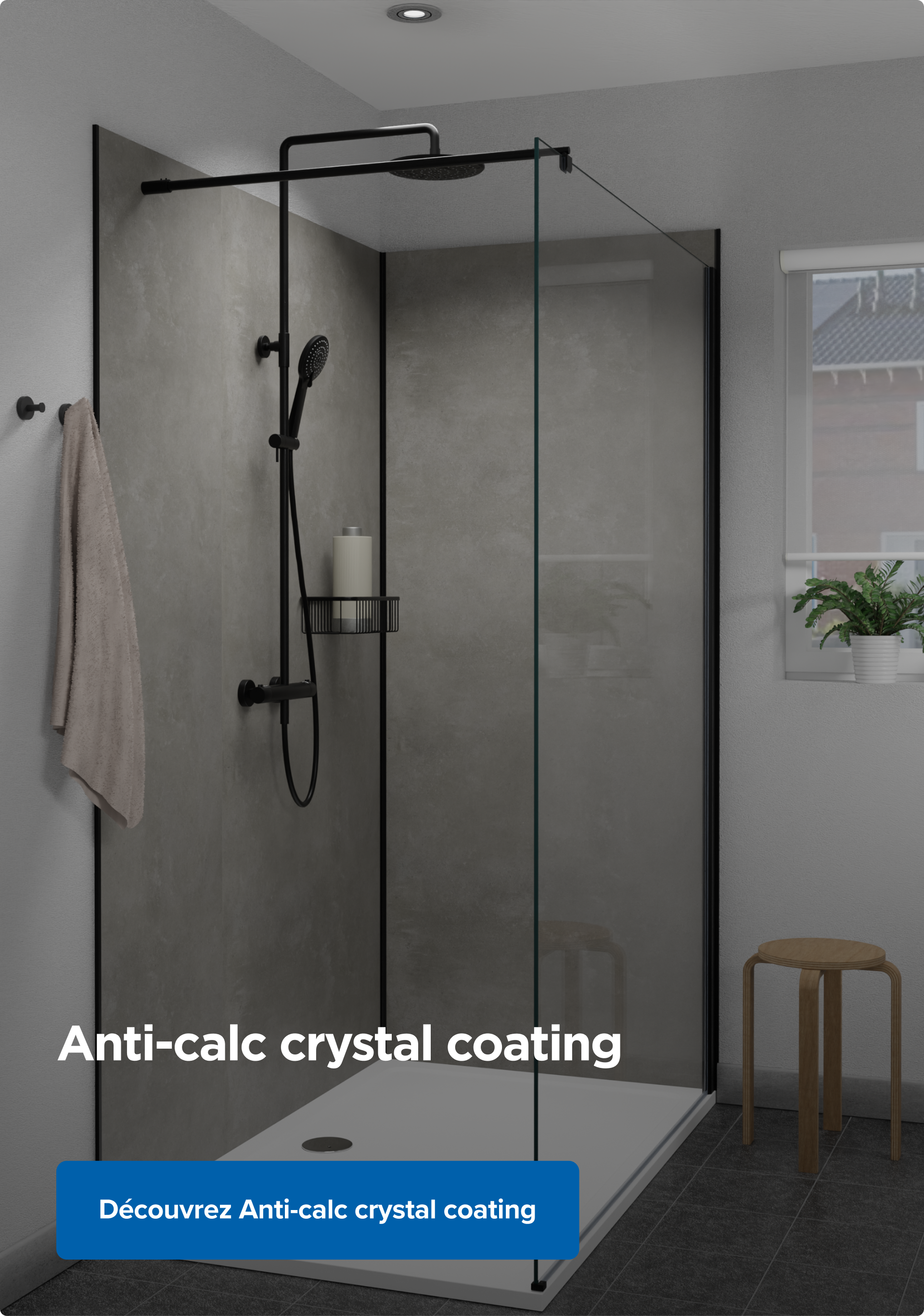 Gros plan sur une paroi de douche avec pommeau de douche noir dans une salle de bains moderne, mettant en avant le verre avec Anti-Kalk-Crystal-Coating de X²O Salle de bains.