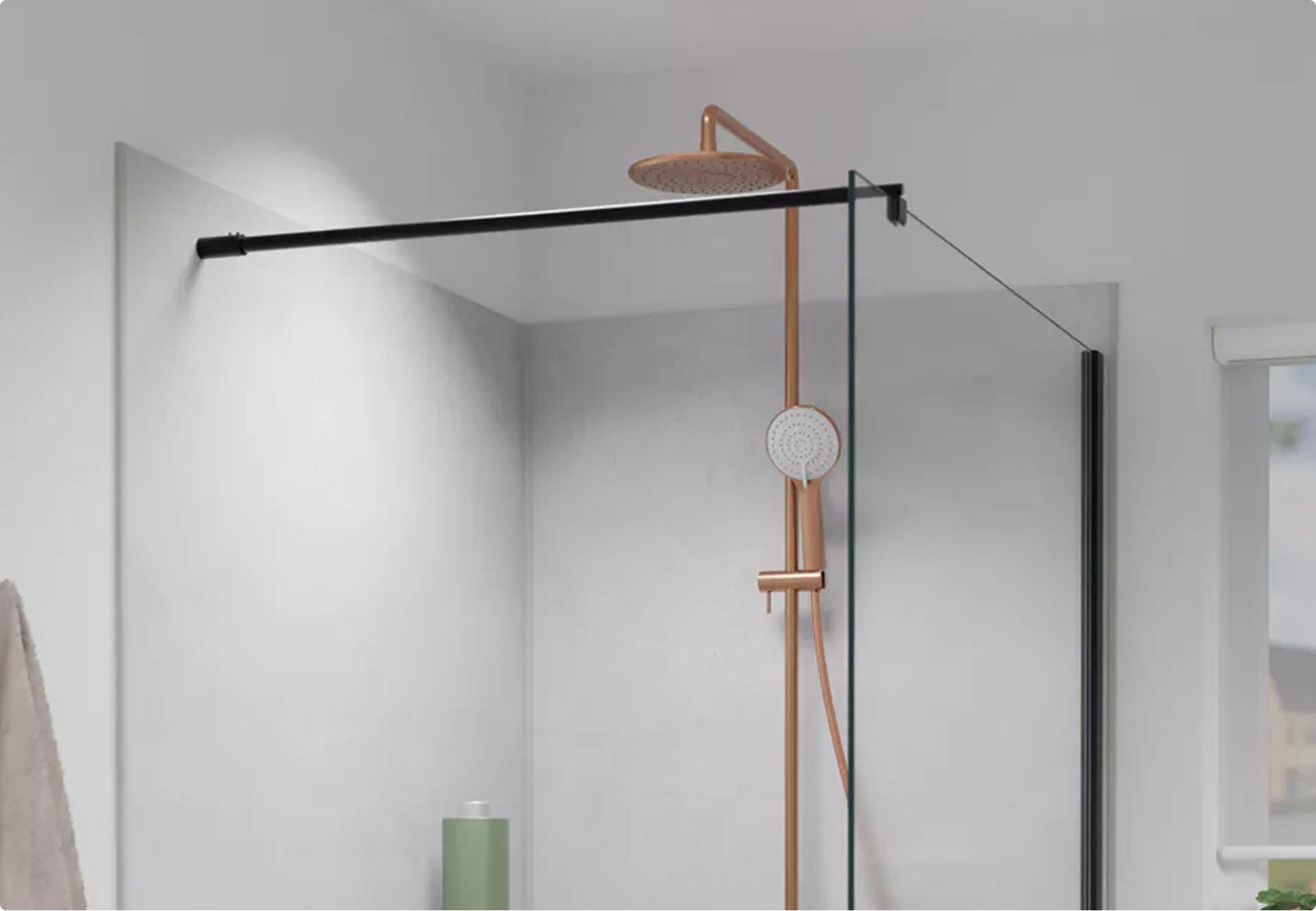 Douche met stijlvolle koperkleurige regendouche en handdouche – X²O Badkamers