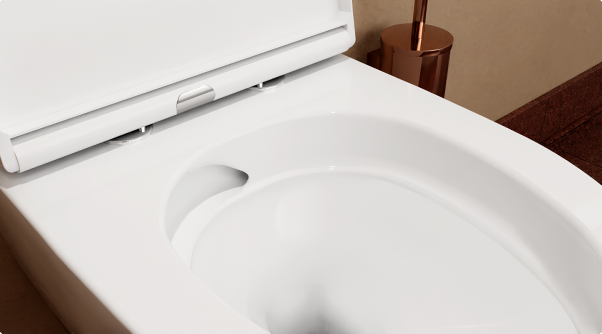 Close-up van een wit randloos wandtoilet met diepe spoelvorm en geïntegreerd ontwerp, onderdeel van een douche wc van x²o badkamers.