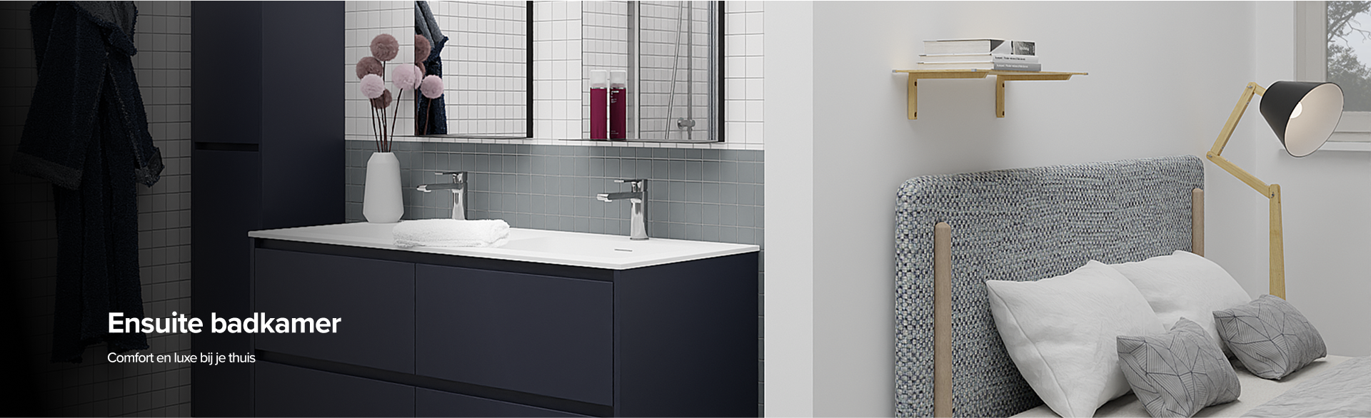 Moderne en-suite badkamer met dubbele wastafel en aansluitende slaapkamer – X²O Badkamers